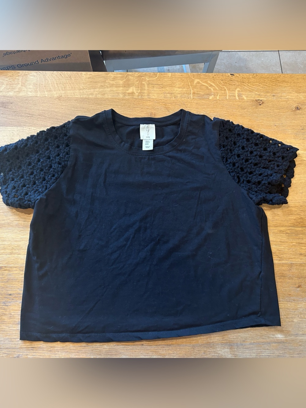 Joie Black Knit Short Sleeve Top with Crochet Puff Sleeves